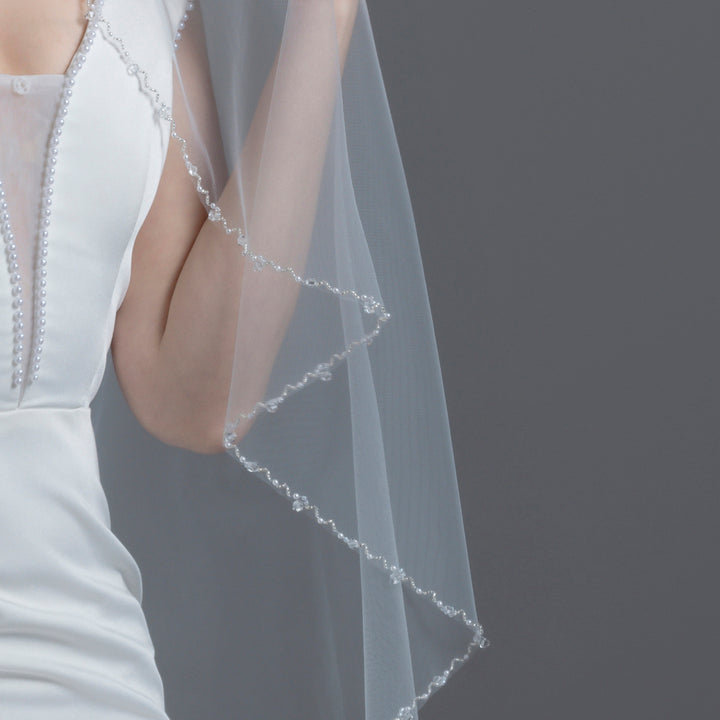 Angel Cut Bridal Veil with Bicone Crystal and Faux Pearls, Fine Illusion Tulle, Knee Length FS6244-AC