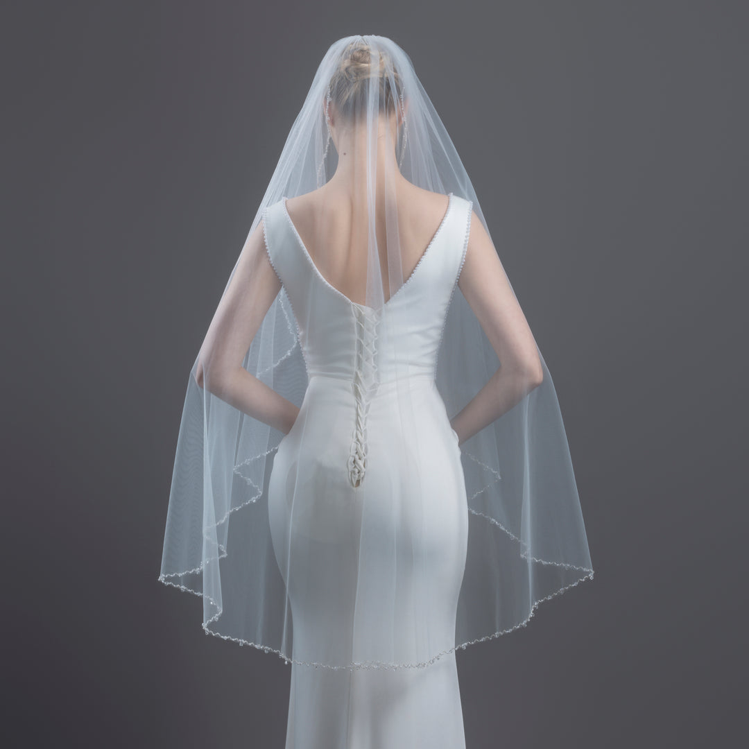 Angel Cut Bridal Veil with Bicone Crystal and Faux Pearls, Fine Illusion Tulle, Knee Length FS6244-AC