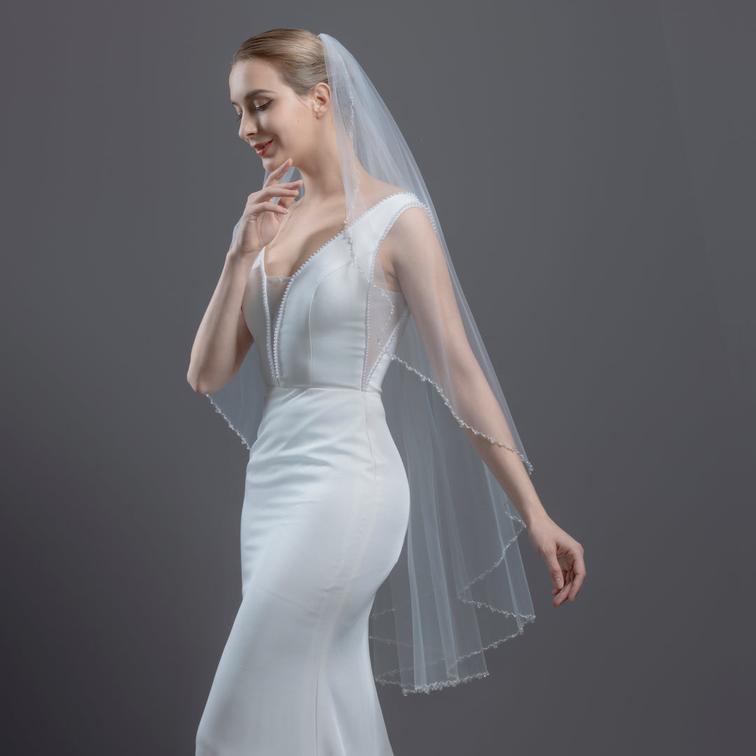 Angel Cut Bridal Veil with Bicone Crystal and Faux Pearls, Fine Illusion Tulle, Knee Length FS6244-AC