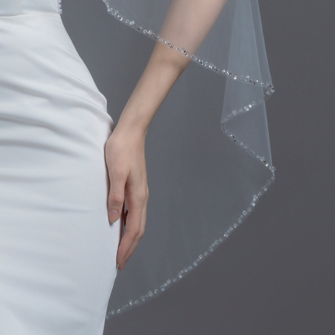 FS6249-AC Crystal Beaded Edge Angle Cut Veil 45"