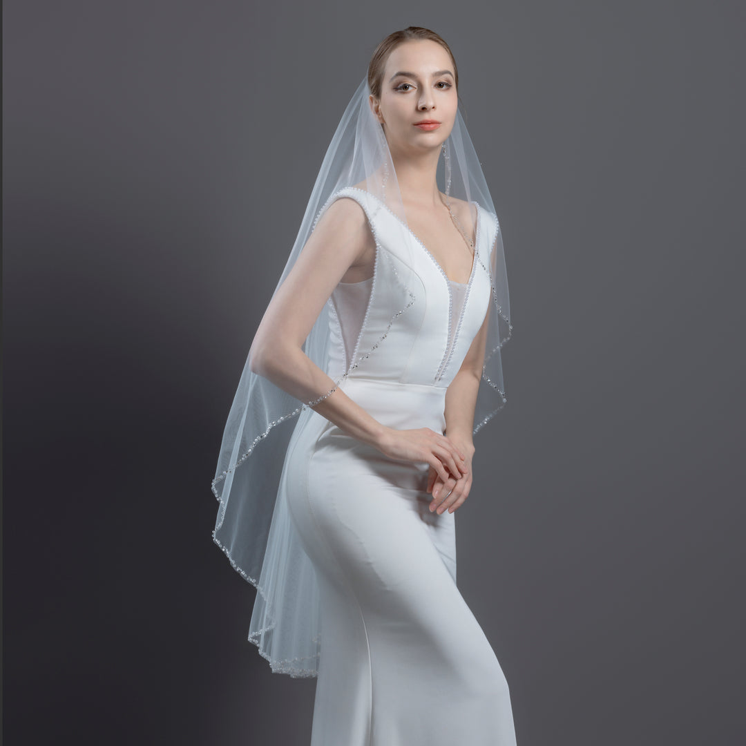 FS6249-AC Crystal Beaded Edge Angle Cut Veil 45"