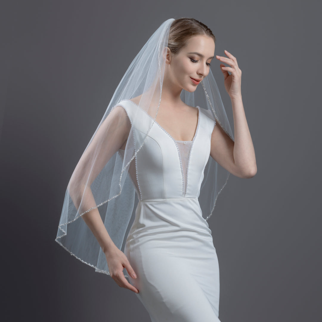 Crystal Beaded Bridal Veil with Faux Pearls, Fine Illusion Tulle, Elbow, Fingertip Length FS6329