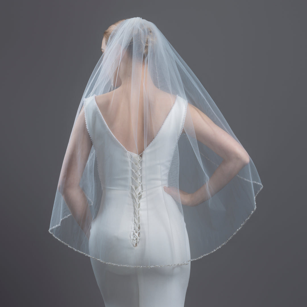 Crystal Beaded Bridal Veil with Faux Pearls, Fine Illusion Tulle, Elbow, Fingertip Length FS6329