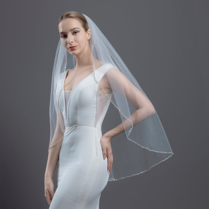 Crystal Beaded Bridal Veil with Faux Pearls, Fine Illusion Tulle, Elbow, Fingertip Length FS6329