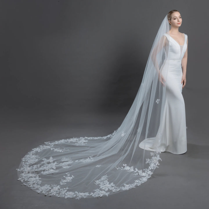 Floral Vine Bridal Veil with 3D Organza Flowers, Fine Illusion Tulle, Cathedral Length FS6227