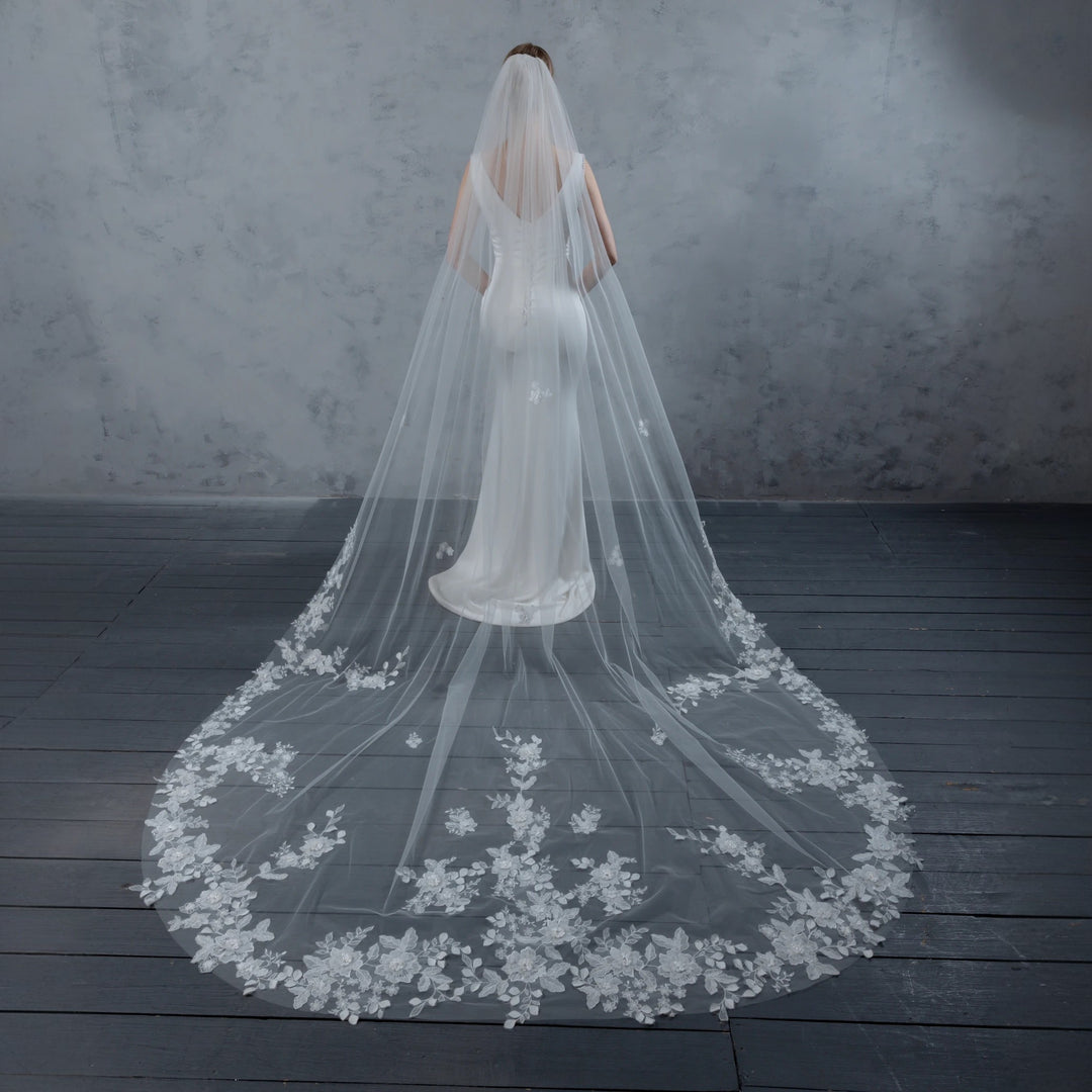 Floral Vine Bridal Veil with 3D Organza Flowers, Fine Illusion Tulle, Cathedral Length FS6227