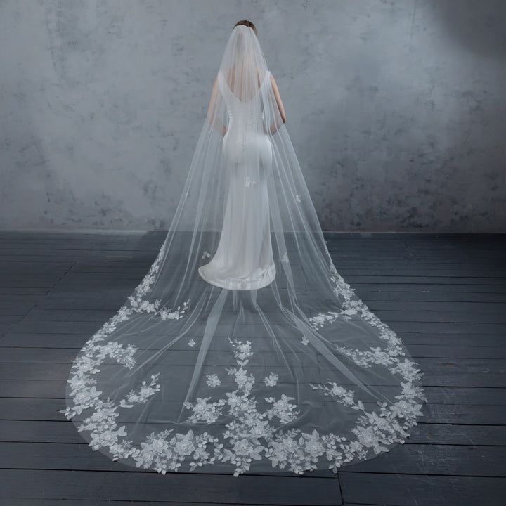 Floral Vine Bridal Veil with 3D Organza Flowers, Fine Illusion Tulle, Cathedral Length FS6227