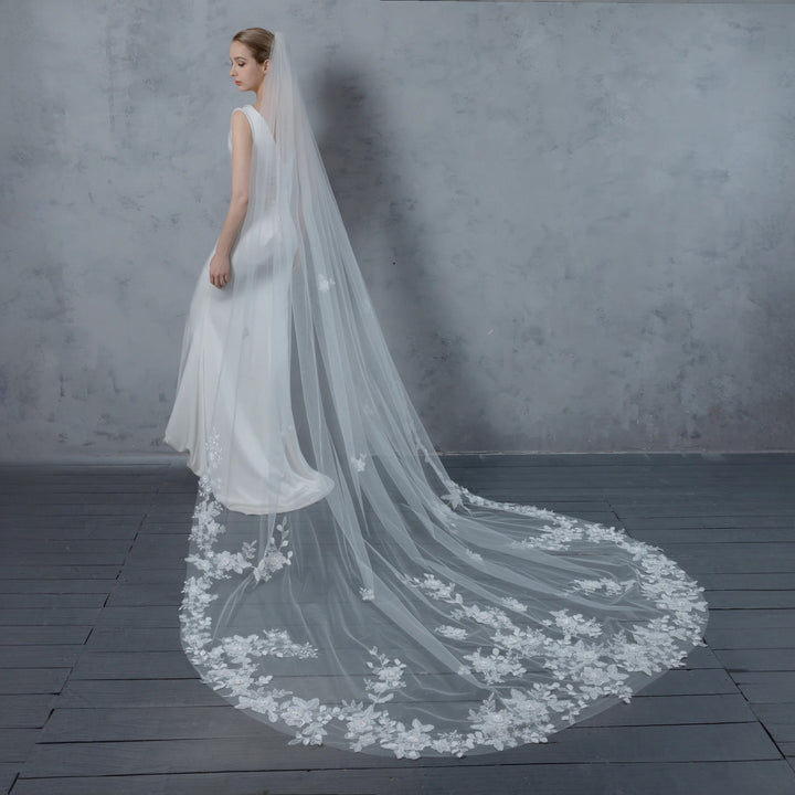 Floral Vine Bridal Veil with 3D Organza Flowers, Fine Illusion Tulle, Cathedral Length FS6227