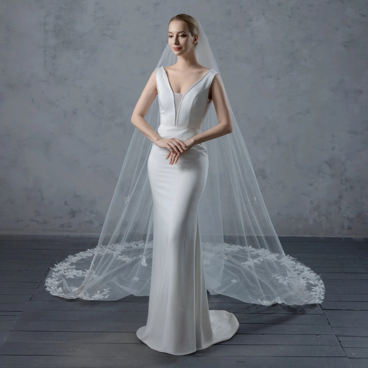 Floral Vine Bridal Veil with 3D Organza Flowers, Fine Illusion Tulle, Cathedral Length FS6227