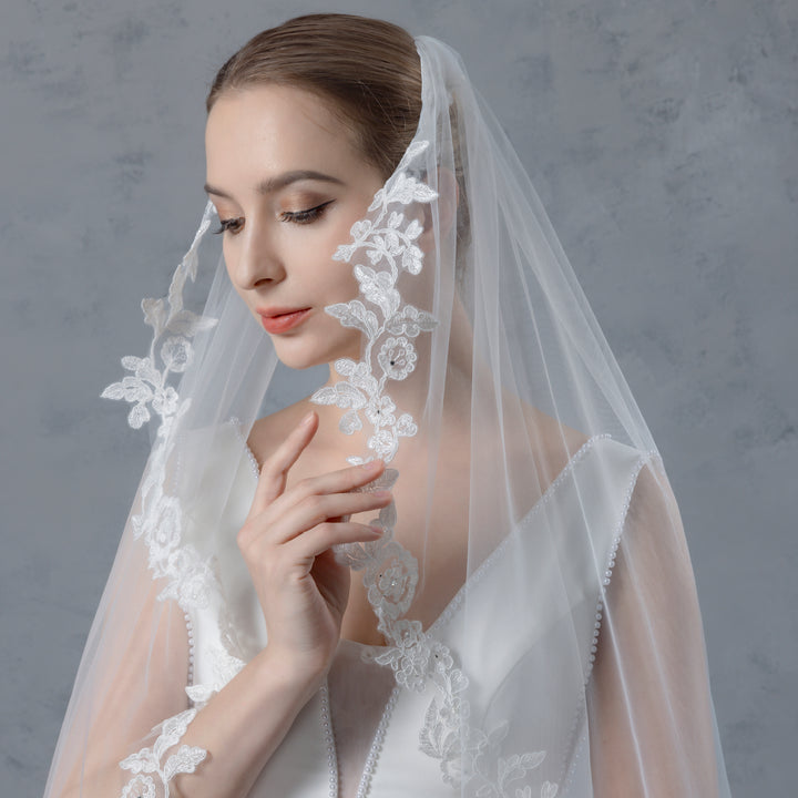 FS6217-AC Floral Vine Embroidered Lace Veil Angel Cut 108" 120"
