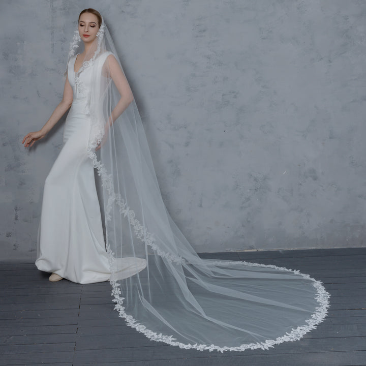 FS6217-AC Floral Vine Embroidered Lace Veil Angel Cut 108" 120"
