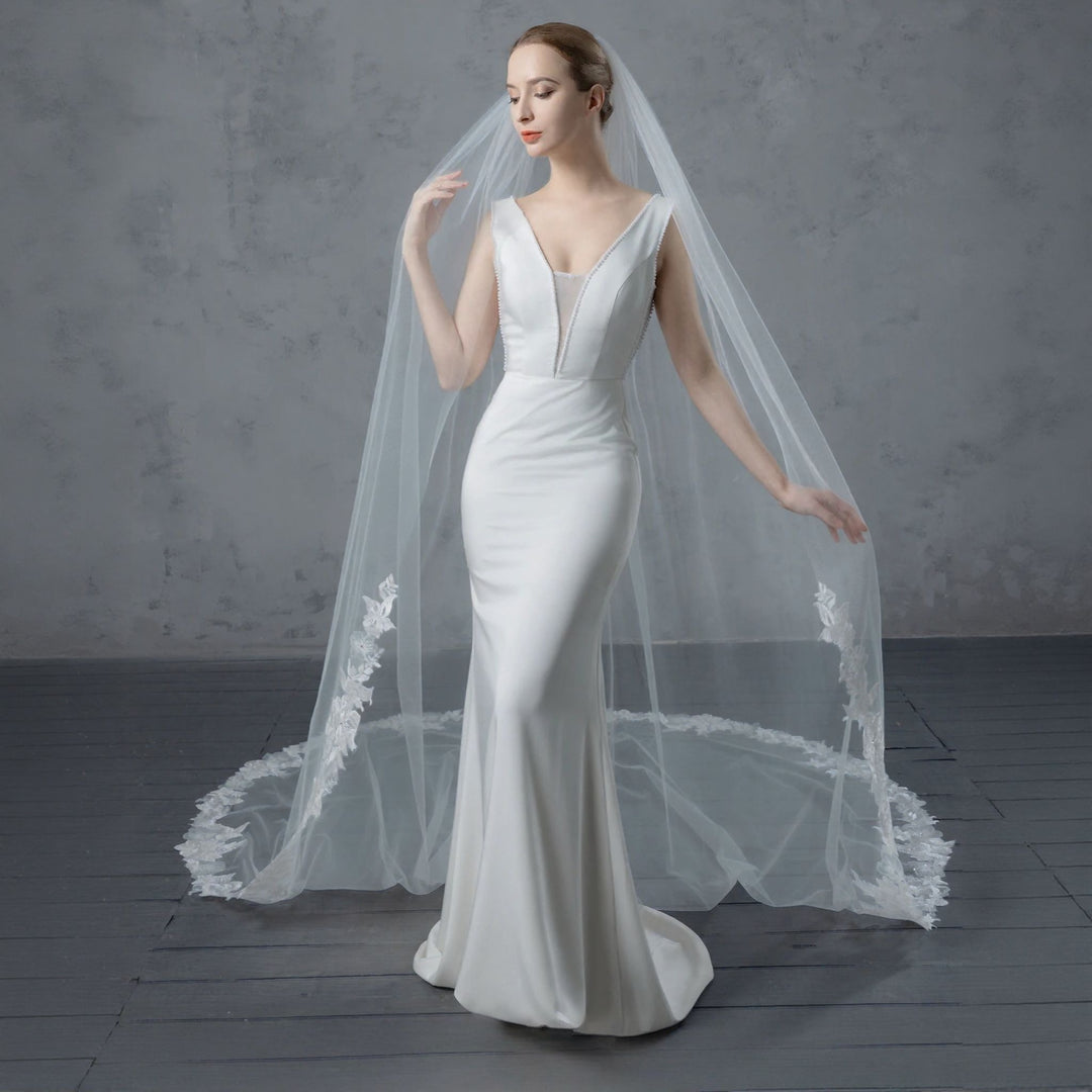 Embroidered Floral Vine Bridal Veil with Rhinestones, Fine Illusion Tulle, Cathedral Length FS6231