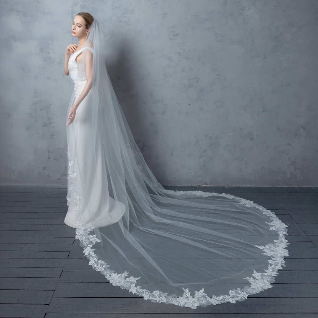 Embroidered Floral Vine Bridal Veil with Rhinestones, Fine Illusion Tulle, Cathedral Length FS6231