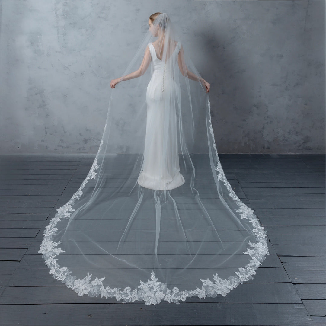 Embroidered Floral Vine Bridal Veil with Rhinestones, Fine Illusion Tulle, Cathedral Length FS6231
