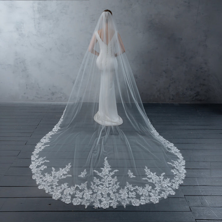 FS6289 Floral Vine Embroidered Lace Veil Rhinestones 120"