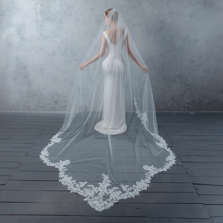 Scalloped Floral Bridal Veil with Rhinestones, Fine Illusion Tulle, Cathedral Length FS6291