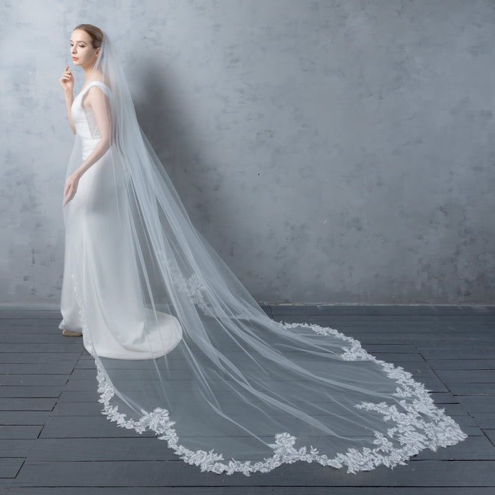 Scalloped Floral Bridal Veil with Rhinestones, Fine Illusion Tulle, Cathedral Length FS6291
