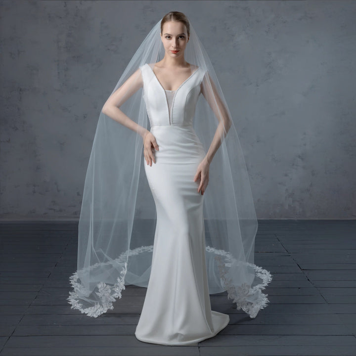 Scalloped Floral Bridal Veil with Rhinestones, Fine Illusion Tulle, Cathedral Length FS6291