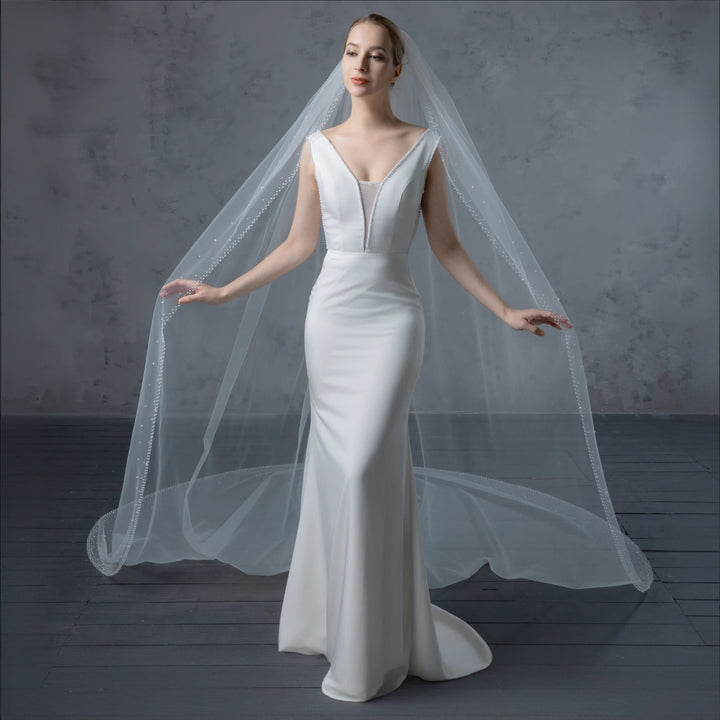 Bridal Veil with Pearls with Wide Edge, Fine Illusion Tulle, Cathedral Length FS6253