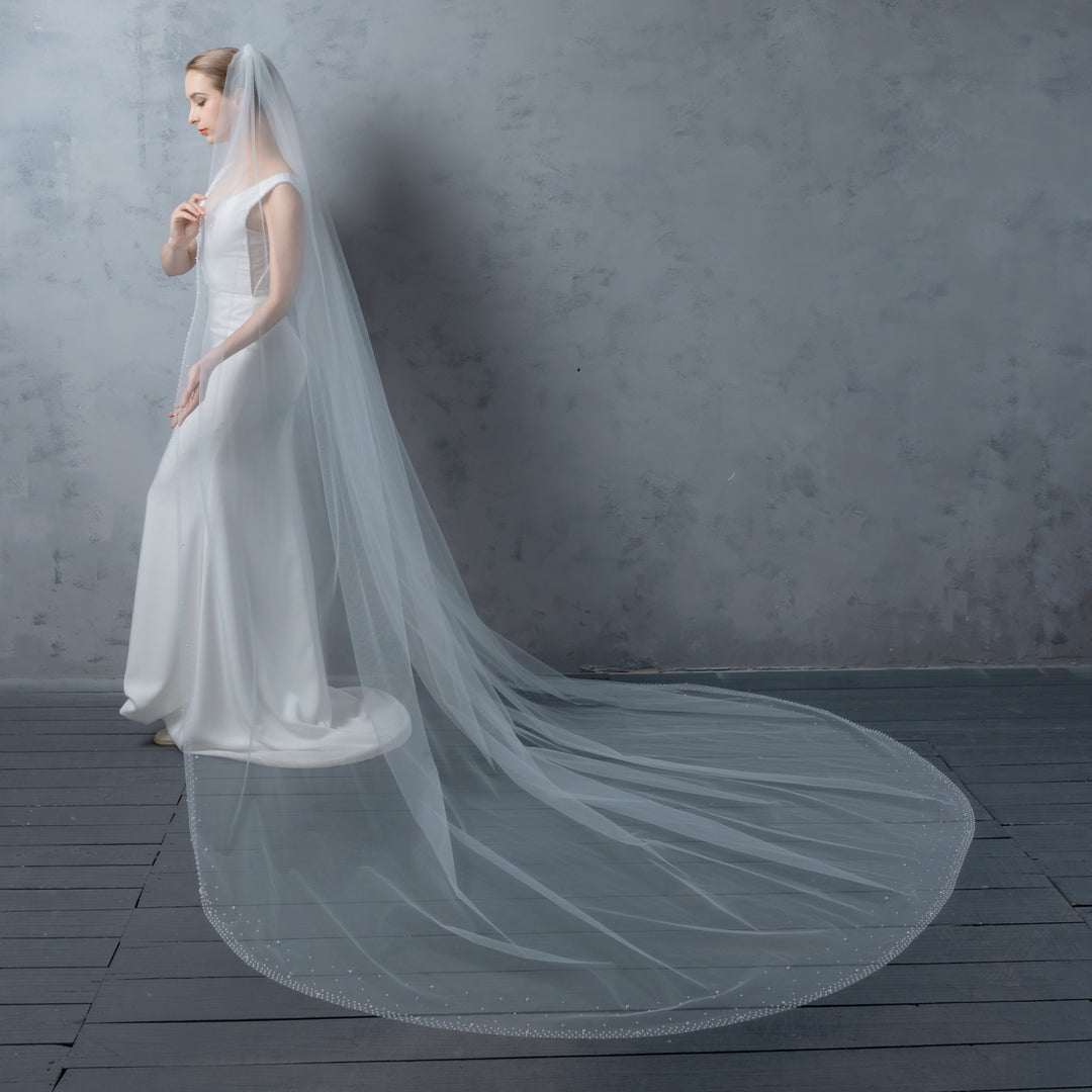 Bridal Veil with Pearls with Wide Edge, Fine Illusion Tulle, Cathedral Length FS6253