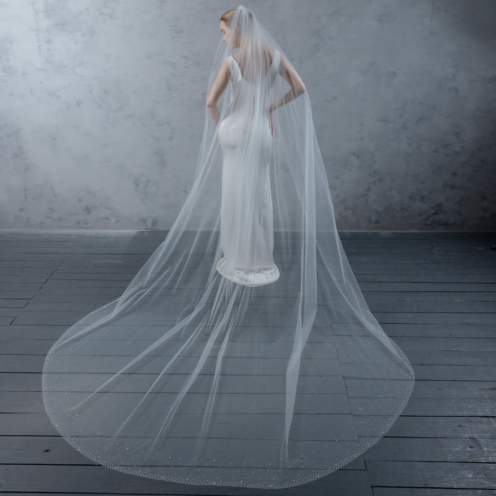 Bridal Veil with Pearls with Wide Edge, Fine Illusion Tulle, Cathedral Length FS6253