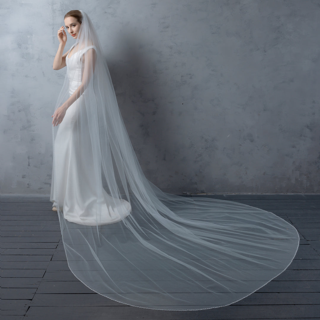 Beaded Edge Bridal Veil, Frosted Beads, Fine Illusion Tulle, Cathedral Length FS6280