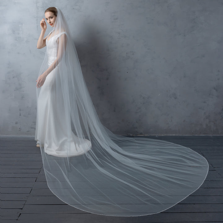 Beaded Edge Bridal Veil, Frosted Beads, Fine Illusion Tulle, Cathedral Length FS6280