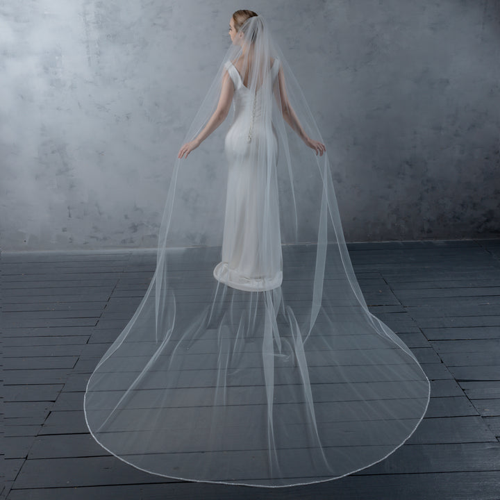 Beaded Edge Bridal Veil, Frosted Beads, Fine Illusion Tulle, Cathedral Length FS6280