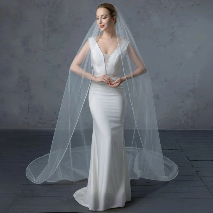 Beaded Edge Bridal Veil, Frosted Beads, Fine Illusion Tulle, Cathedral Length FS6280