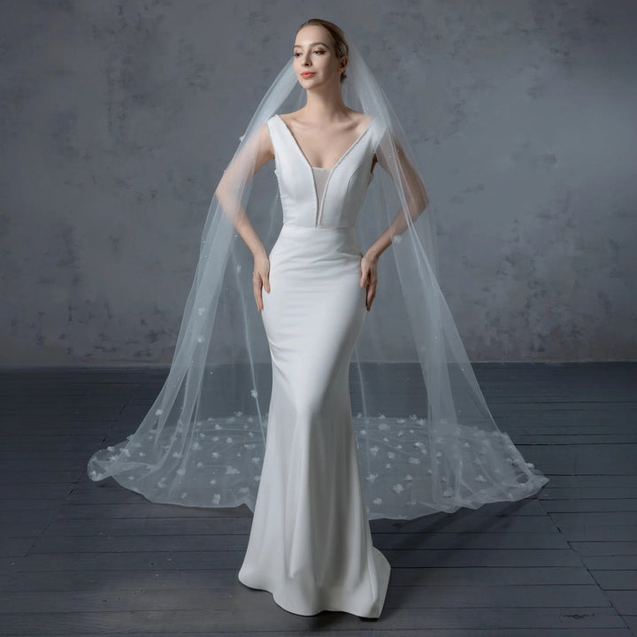 FS6233 3D Organza Flowers with Pearls Veil 120"