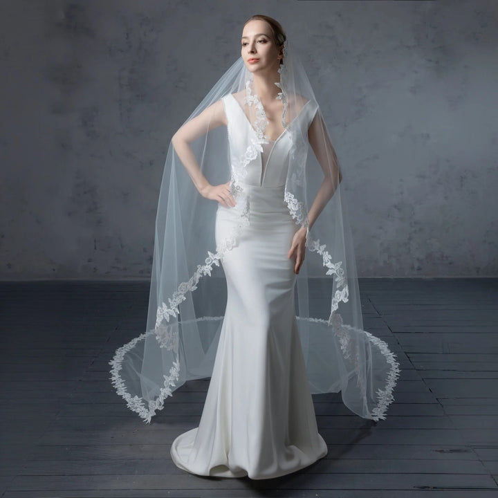 FS6217-AC Floral Vine Embroidered Lace Veil Angel Cut 108" 120"