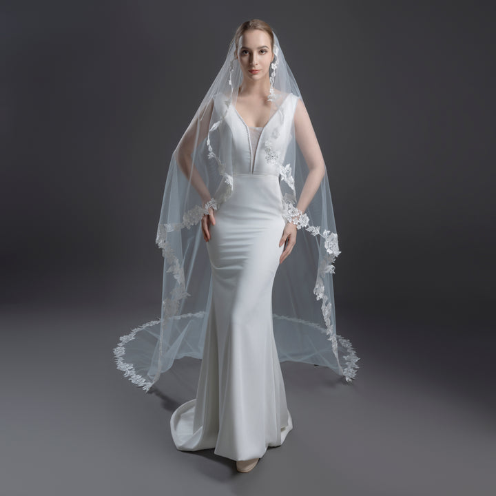 FS6221-AC Floral Vine Embroidered Lace Veil Angel Cut 108"