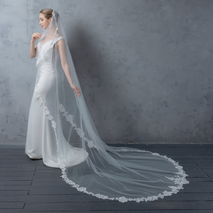 FS6221-AC Floral Vine Embroidered Lace Veil Angel Cut 108"