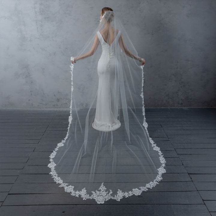 FS6221-AC Floral Vine Embroidered Lace Veil Angel Cut 108"
