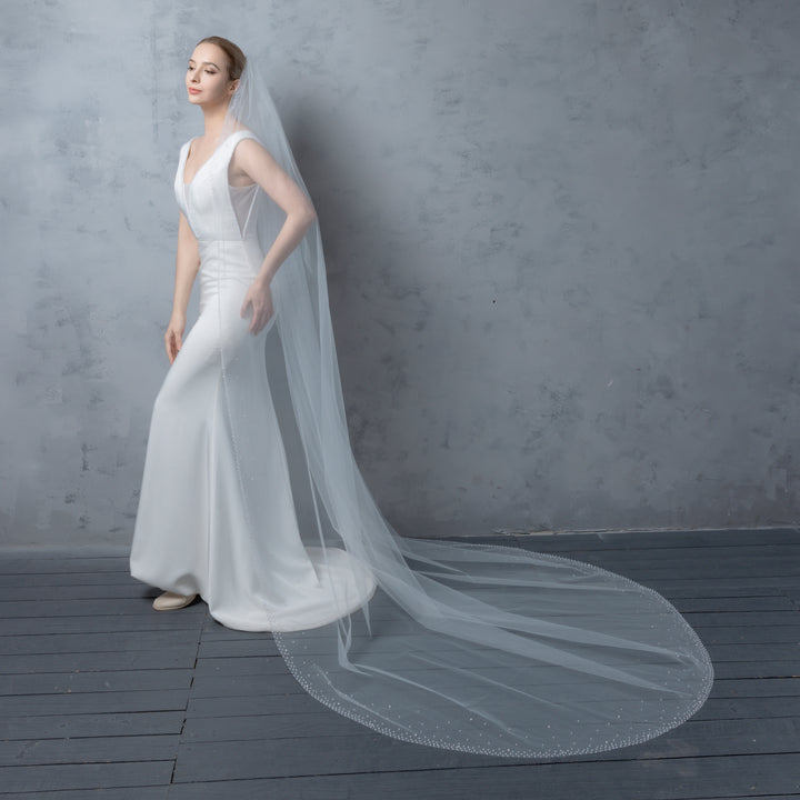 Bridal Veil with Pearls with Wide Edge, Fine Illusion Tulle, Cathedral Length FS6253
