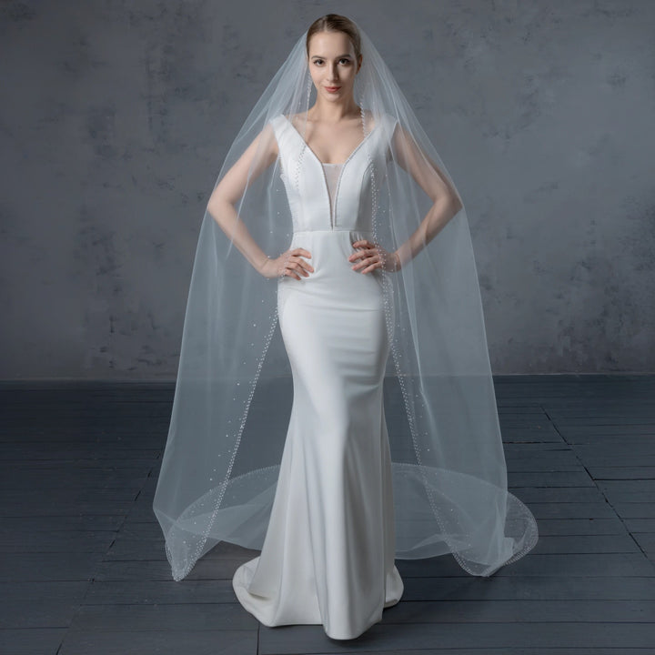 Bridal Veil with Pearls with Wide Edge, Fine Illusion Tulle, Cathedral Length FS6253