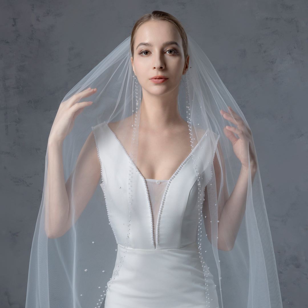 Bridal Veil with Pearls with Wide Edge, Fine Illusion Tulle, Cathedral Length FS6253