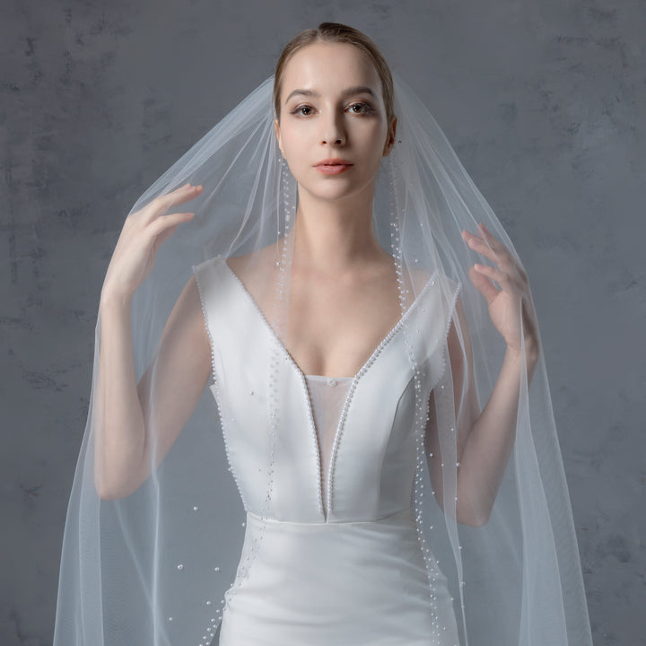 Bridal Veil with Pearls with Wide Edge, Fine Illusion Tulle, Cathedral Length FS6253