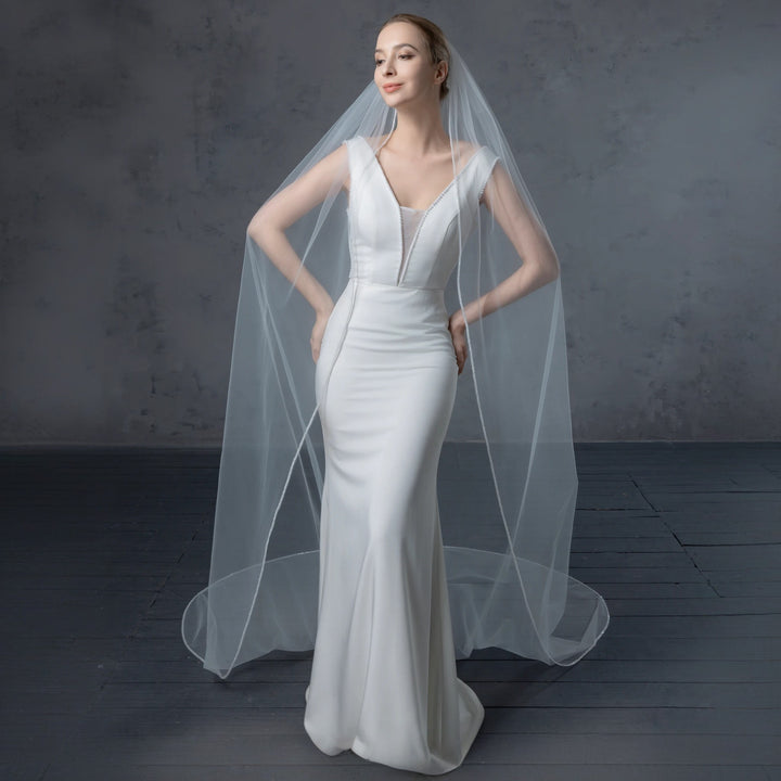 Beaded Edge Bridal Veil, Frosted Beads, Fine Illusion Tulle, Cathedral Length FS6280