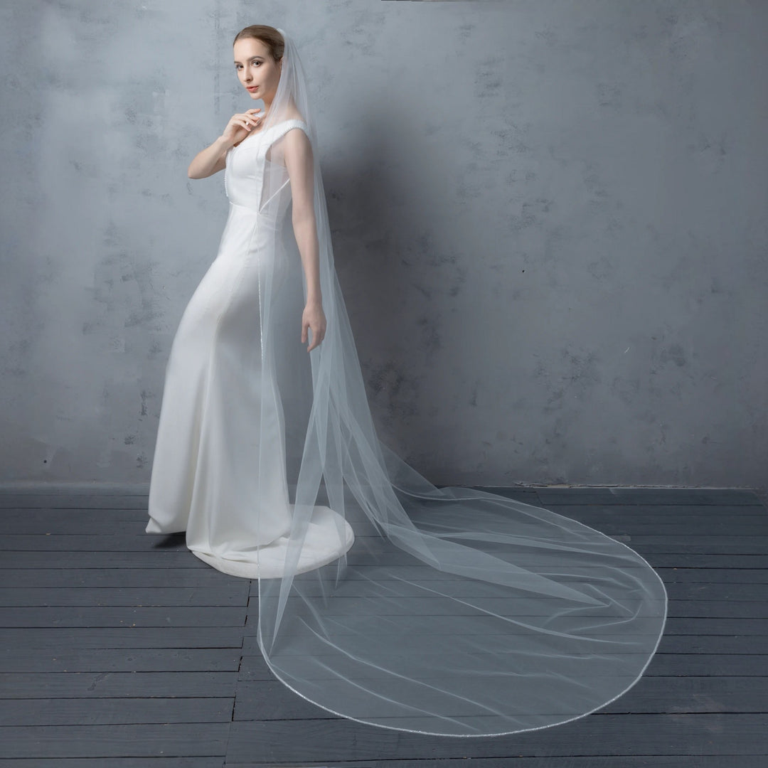 Beaded Edge Bridal Veil, Frosted Beads, Fine Illusion Tulle, Cathedral Length FS6280