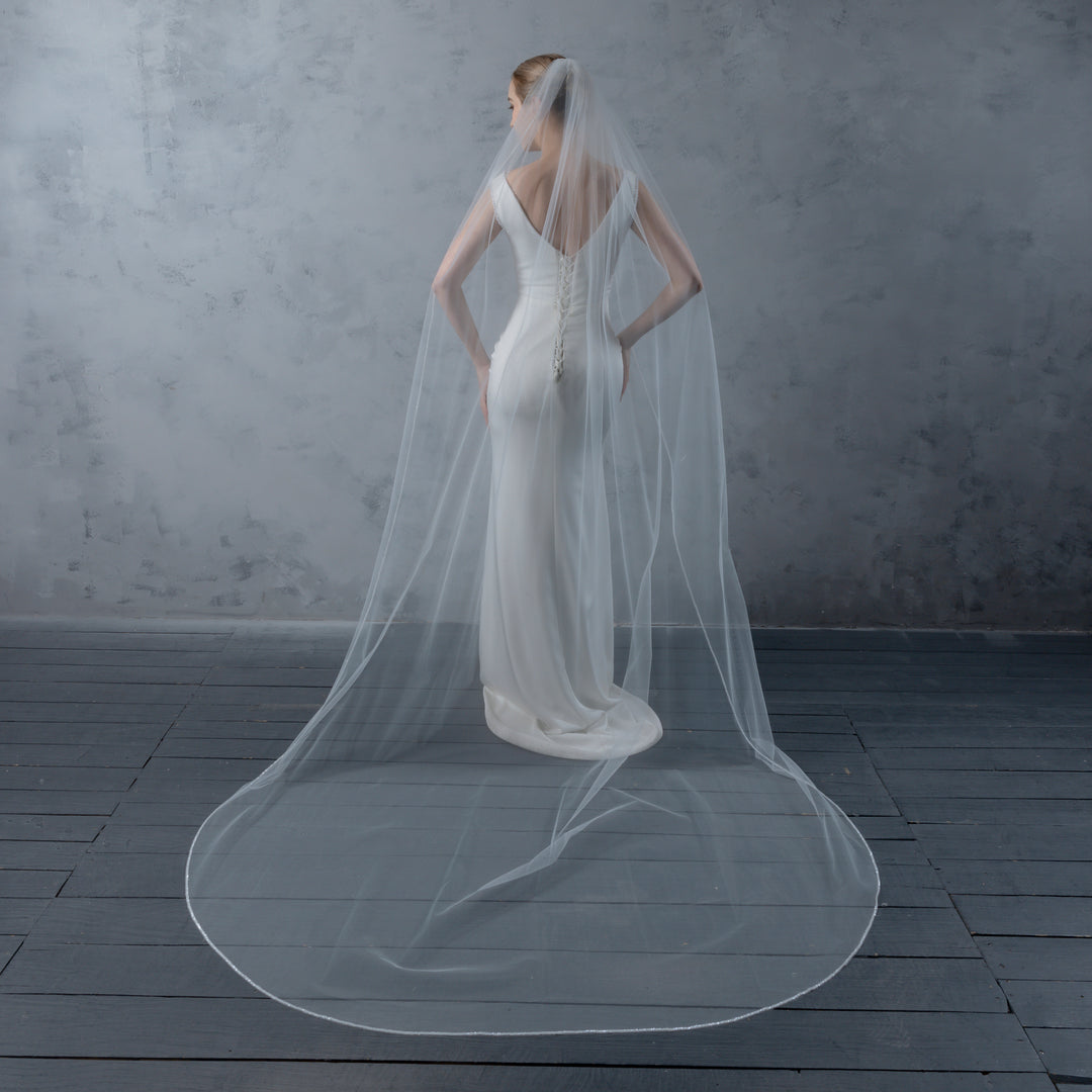 Beaded Edge Bridal Veil, Frosted Beads, Fine Illusion Tulle, Cathedral Length FS6280