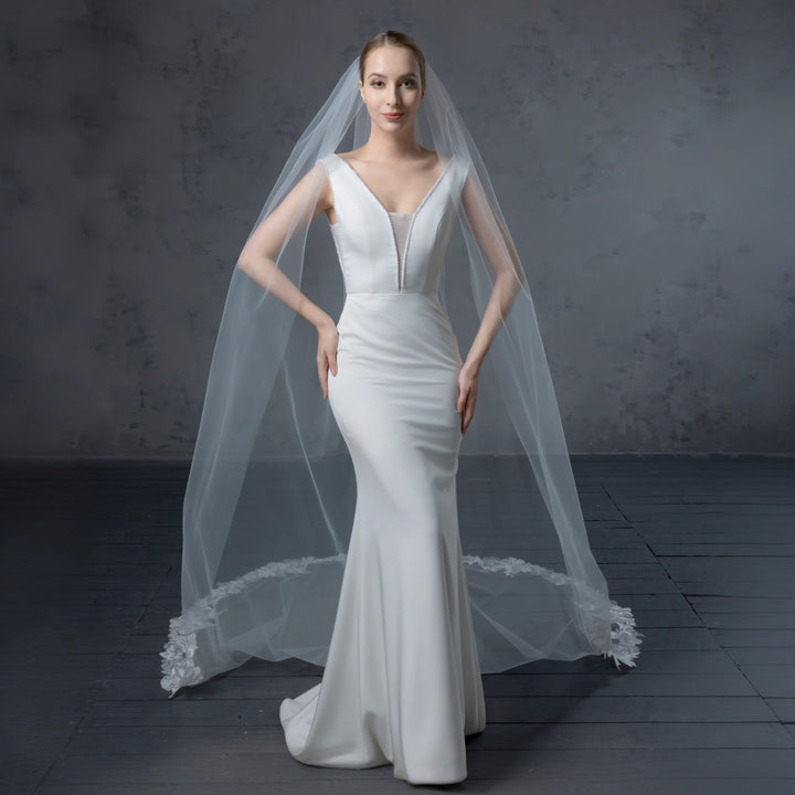 Embroidered Floral Vine Bridal Veil with Rhinestones, Fine Illusion Tulle, Cathedral Length FS6231