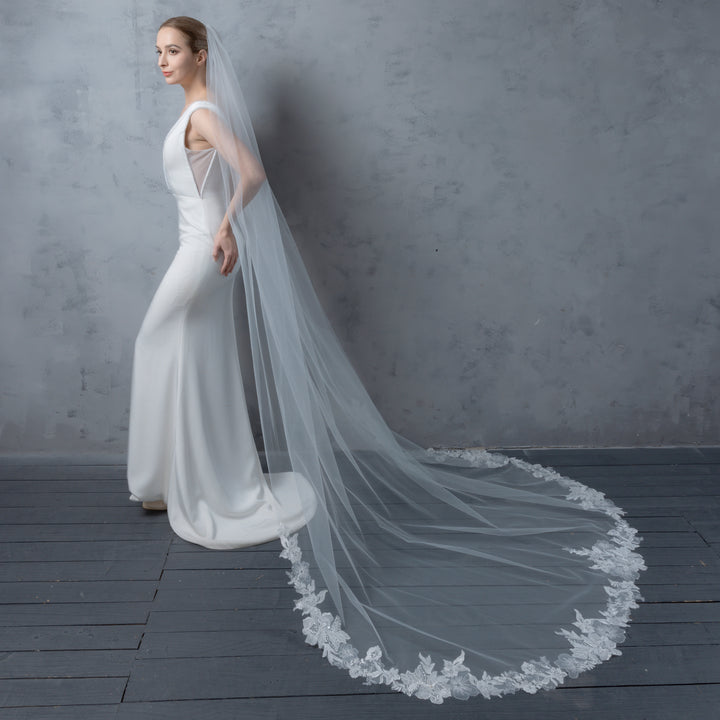 Embroidered Floral Vine Bridal Veil with Rhinestones, Fine Illusion Tulle, Cathedral Length FS6231
