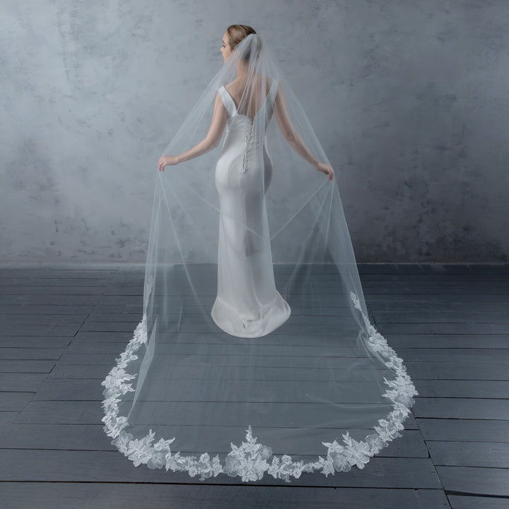 Embroidered Floral Vine Bridal Veil with Rhinestones, Fine Illusion Tulle, Cathedral Length FS6231