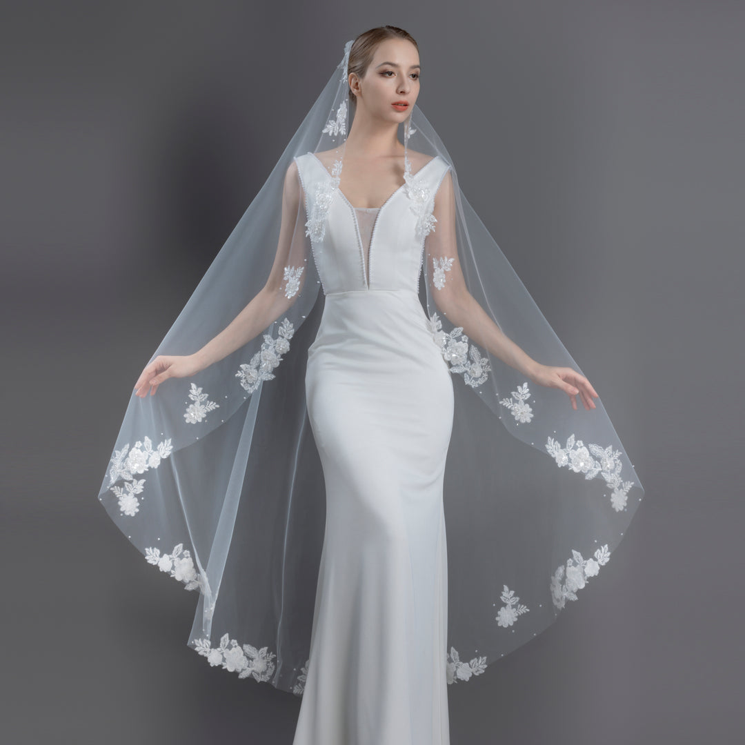 Mantilla Bridal Veil with Rhinestones, Faux Pearls & Seed Beads, Fine Illusion Tulle, Waltz Length FS6219-M