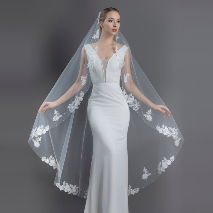 Mantilla Bridal Veil with Rhinestones, Faux Pearls & Seed Beads, Fine Illusion Tulle, Waltz Length FS6219-M