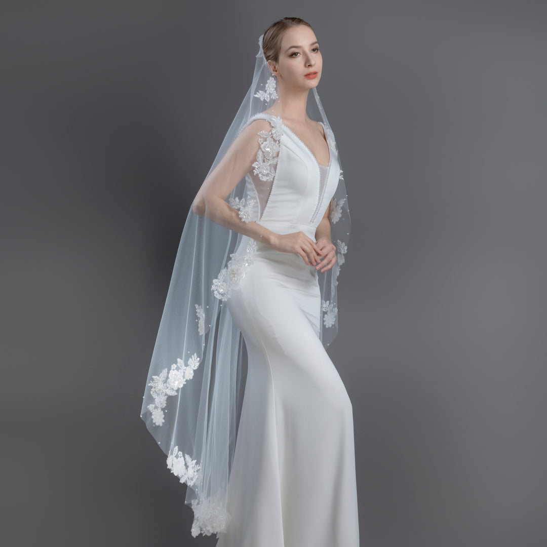 Mantilla Bridal Veil with Rhinestones, Faux Pearls & Seed Beads, Fine Illusion Tulle, Waltz Length FS6219-M
