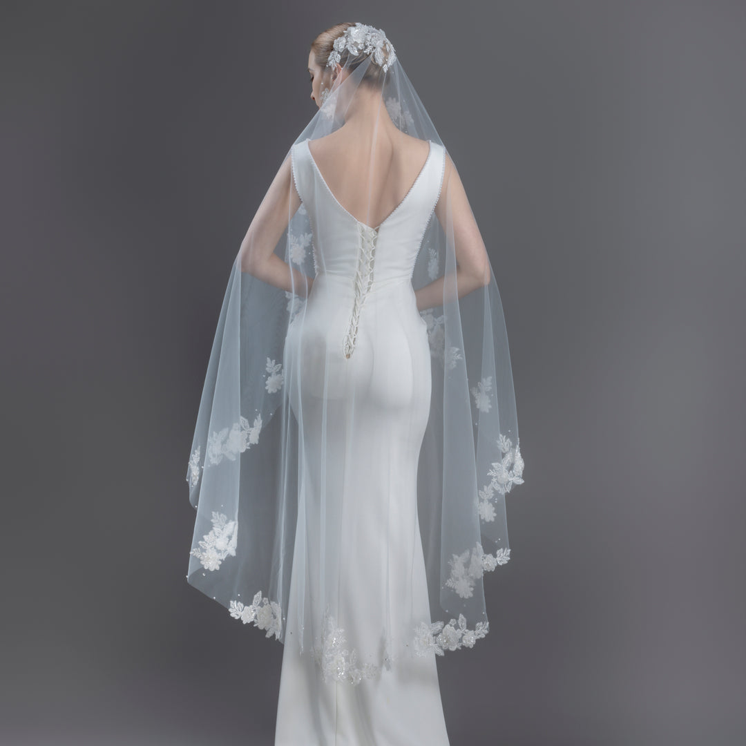 Mantilla Bridal Veil with Rhinestones, Faux Pearls & Seed Beads, Fine Illusion Tulle, Waltz Length FS6219-M