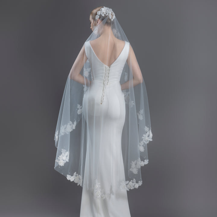 Mantilla Bridal Veil with Rhinestones, Faux Pearls & Seed Beads, Fine Illusion Tulle, Waltz Length FS6219-M