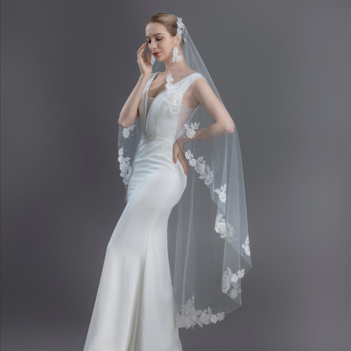 Mantilla Bridal Veil with Rhinestones, Faux Pearls & Seed Beads, Fine Illusion Tulle, Waltz Length FS6219-M